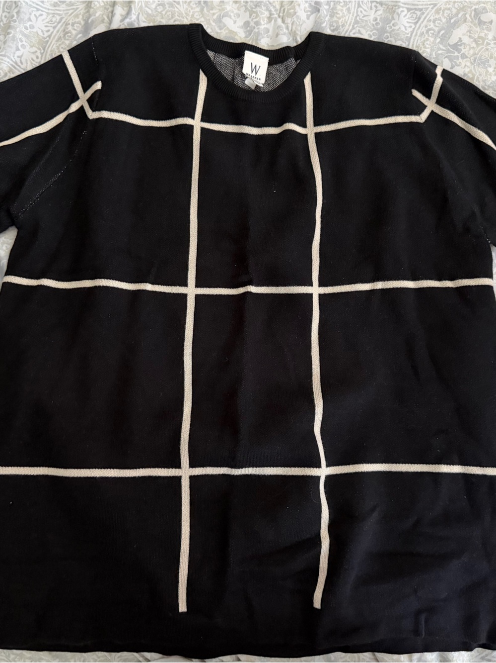 Wrapper Black Crewneck Sweater with Cream Grid